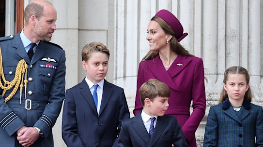 The Prince and Princess of Wales mark VE Day on the Buckingham Palace balcony with their children (L-R) Princes George and Louis, and Princess Charlotte.