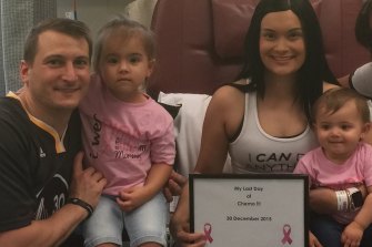Hawkins with her family on her last day of chemotherapy.
