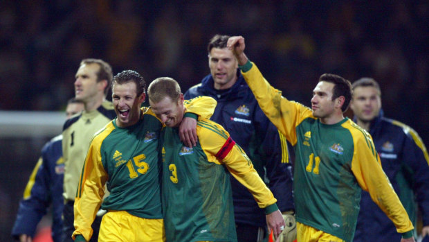 Lucas Neill and Craig Moore during the height of the Golden Generation, celebrating the Socceroos' friendly win over England at Upton Park in 2003.