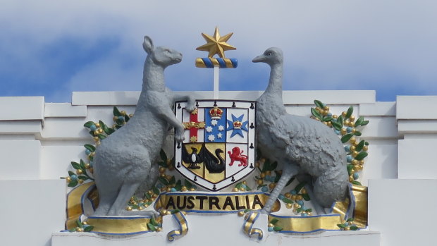 The coat of arms of Australia above the entrance to the Museum of Australian Democracy at Old Parliament House.