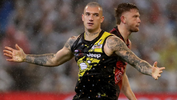 What's the score? Dustin Martin during the Dreamtime game.