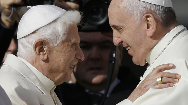 Two popes: Benedict XVI, left, with Pope Francis in 2014.