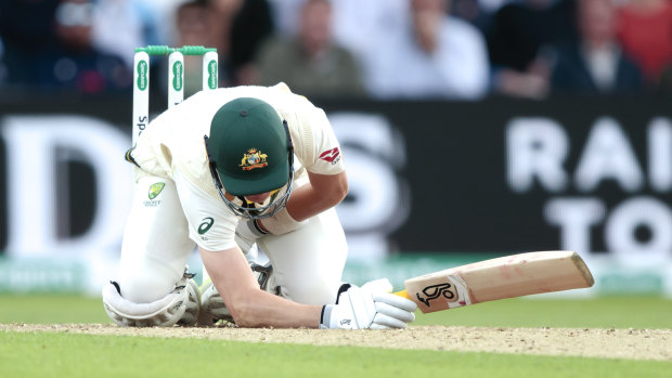Marnus Labuschagne cops a hit to the groin off the bowling of Stuart Broad.