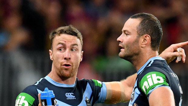 Vintage: James Maloney (left) made a triumphant return to the NSW team in Perth as the Blues levelled the series.