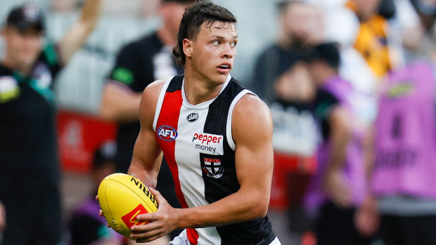 St Kilda first-gamer Marcus Windhager on the MCG the same day he was involved in a car accident.
