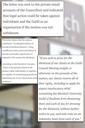A Murdoch student publication wrote about heavy legal threats brought by three guild councillors in August 2019.