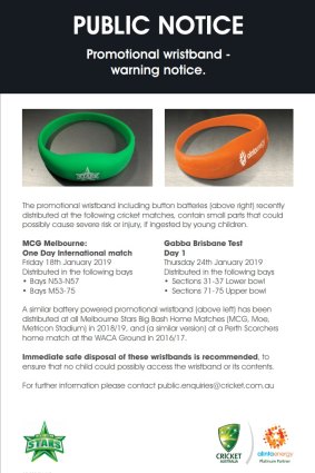 The notice for cricket fans to check whether they have any of the wristbands.