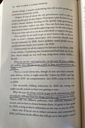 Prime Minister Scott Morrison’s underlined sections of Bill Gates’ book about net zero.