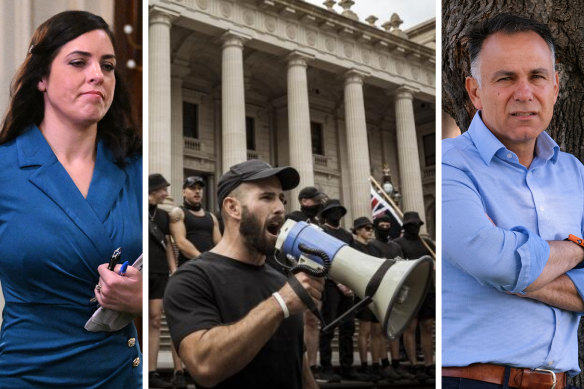 Gatecrashing by neo-Nazis at the Let Women Speak rally led Opposition Leader John Pesutto (right) to move to expel Moira Deeming (left) from the Liberal party room over her involvement in the rally.
