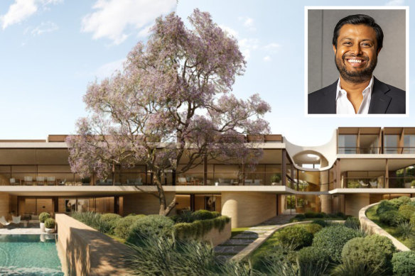 Robin Khuda (inset) has lodged a DA to build a $14 million designer home across three blocks on Balmoral slopes.