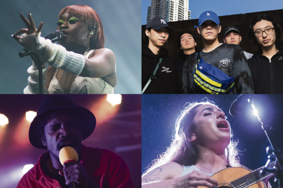 Australian Music Prize nominees (clockwise from top left) Sampa the Great, 1300, Camp Cope lead singer Georgia Maq and King Stingray singer Yirrnga Yunupiŋu.