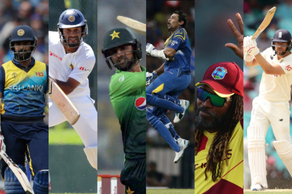 Left to right: Lahiru Thirimanne, Dimuth Karunaratne, Shoaib Malik, Tillakaratne Dilshan, Chris Gayle and Dawid Malan were all billed to be playing on Sunday.