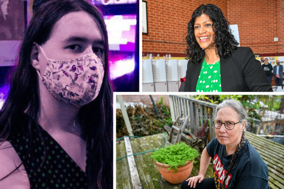 Greens member Bianca Haven, left, leader Samantha Ratnam and unionist Linda Gale.