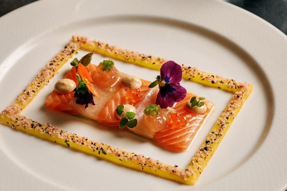 Countown Dinner ... salmon and kingfish sashimi, plum gel, dashi kewpie, pickled daikon, salmon caviar.