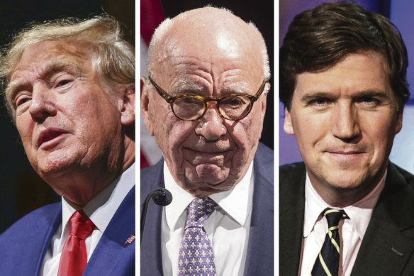 Fox and friends: Donald Trump, Rupert Murdoch, Tucker Carlson.