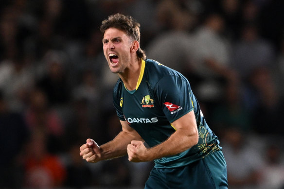 Mitchell Marsh celebrates a wicket while leading Australia in a Twenty20 match against New Zealand in February.
