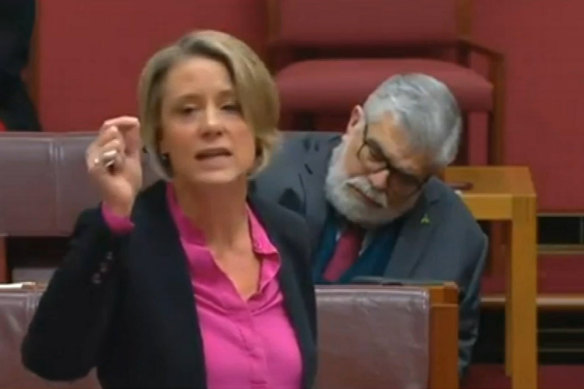 Labor Senator Kim Carr appears to be asleep while Labor Senator Kristina Keneally is speaking.