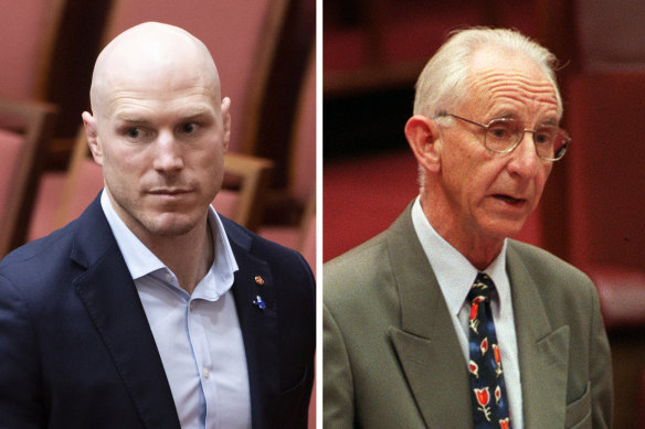 David Pocock (left) has emerged as a crossbench powerbroker in the Senate, like Brian Harradine (right) before him.