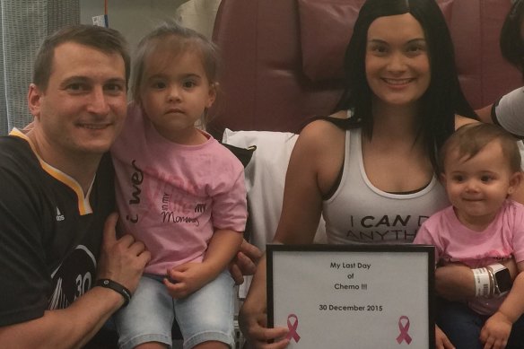 Hawkins with her family on her last day of chemotherapy.