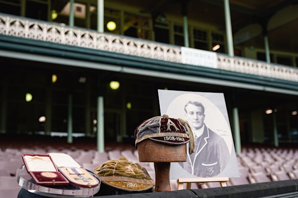 Tom Richards’ photo, Olympic gold medal, Military Cross and his Wallabies and Lions Test caps. The cap was loaned by the Rugby Club.