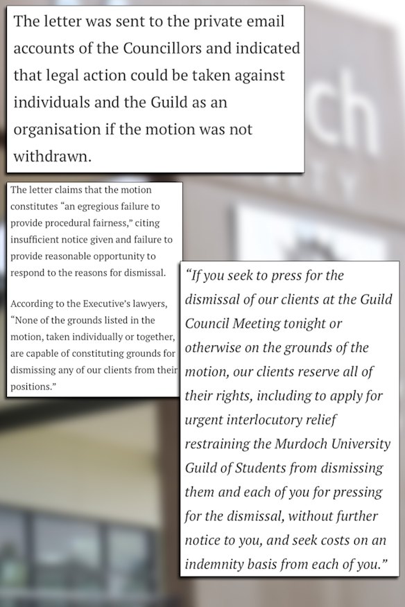 A Murdoch student publication wrote about heavy legal threats brought by three guild councillors in August 2019.