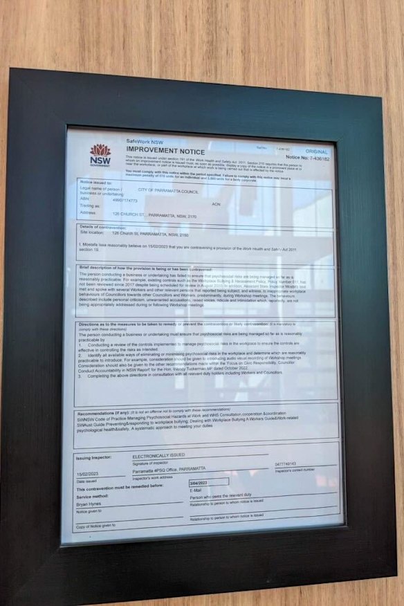 The SafeWork NSW improvement notice on display outside the chambers of Parramatta City Council.