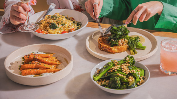 Crab spaghetti, honey-glazed carrots and market greens with rocket basil pesto.
