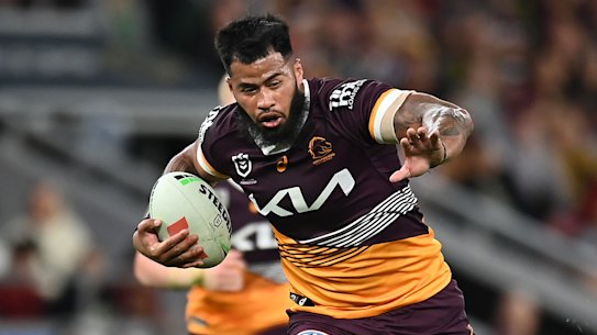 Payne Haas on the charge against the Warriors at Suncorp Stadium on Saturday.