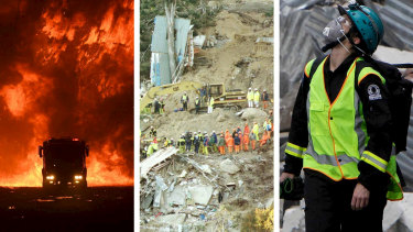 First responders face all manner of unique and unexpected challenges. Pictured are the 2019/20 bushfires, the 1997 Thredbo landslide and the 2011 Christchurch earthquake. 