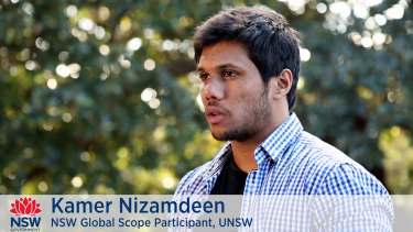 Kamer Nilar Nizamdeen appears in a 2016 promotional video for a project by the NSW Government body Study Sydney and an education startup. He was charged with terror offences on 31 August 2018. 
