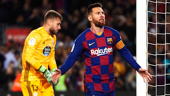 Lionel Messi opens Barcelona's account at Camp Nou.