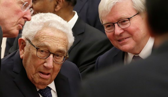 Kevin Rudd with former US secretary of state Henry Kissinger, a fellow member of a delegation from the 2019 New Economy Forum, before they meet Chinese President Xi Jinping in Beijing last week.
