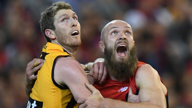 Max Gawn (right) battles with Ben McEvoy.