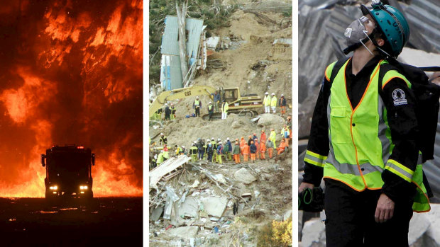 First responders face all manner of unique and unexpected challenges. Pictured are the 2019/20 bushfires, the 1997 Thredbo landslide and the 2011 Christchurch earthquake. 