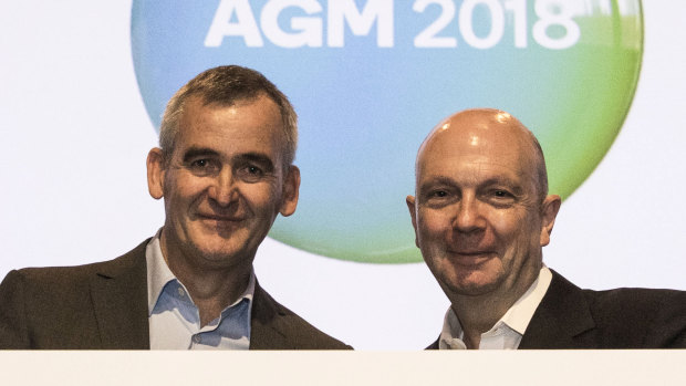 Woolworths' CEO Brad Banducci and chairman Gordon Cairns at its AGM on Wednesday. 