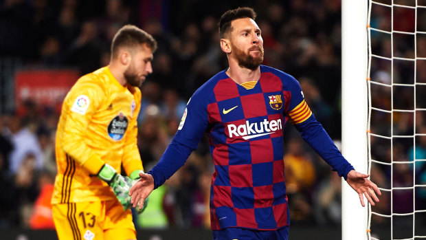 Lionel Messi opens Barcelona's account at Camp Nou.