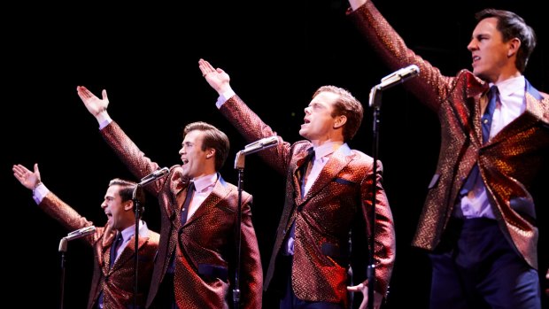 (L-R) Ryan Gonzalez playing Frankie Valli, Thomas McGuane  playing Bob Gaudio, Cameron Macdonald playing Tommy Devito and Glaston Toft playing Nick Massi.