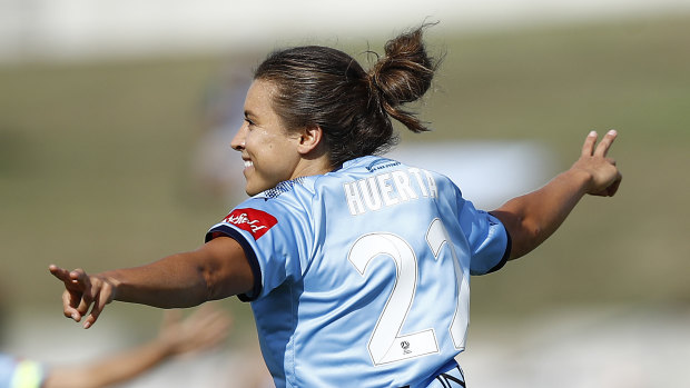 Sofia Huerta celebrating a goal in last year's W-League grand final against Perth.