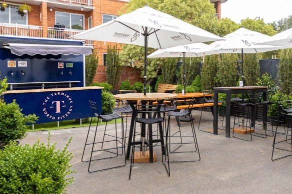 The Terminus beer garden, with the neighbouring block of units in the background.