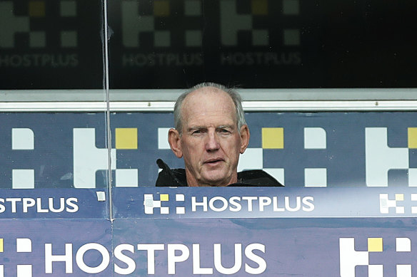 Rabbitohs coach Wayne Bennett watches the first-round win over the Sharks.