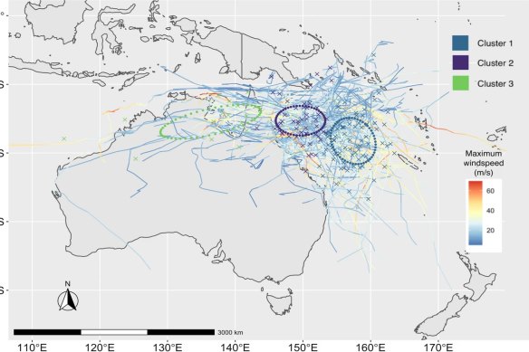 Graphic showing the three main tracks of cyclones forming in the Coral Sea over the last 50 years.