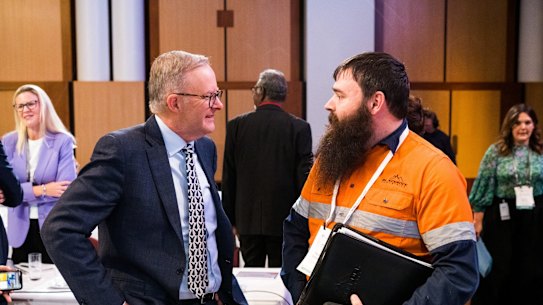 Jobs and Skills summit at Parliament House, Canberra. Thursday 1st September 2022. Photograph by James Brickwood. SMH NEWS 220901.  Australian prime minister Anthony Albanese and Steve Fordham - MD of Blackrock Industries 