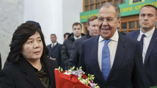Russian Foreign Minister Sergey Lavrov, right, and North Korean Foreign Ministert Choe Son Hui at Yaroslavsky railway terminal in Moscow, Russia.
