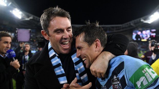 Brad Fittler with Mitchell Pearce after guiding NSW to a second straight Origin series win this year.