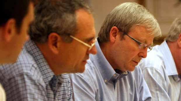 Ken Henry with Kevin Rudd at a meeting of the Strategic Priority and Budget Committee in Parliament House during the GFC in 2008. 