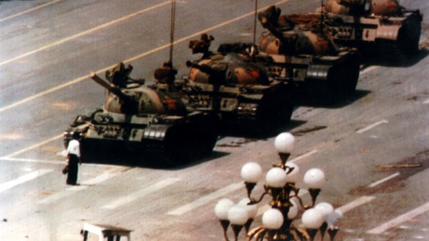 A man stands in front of tanks in Tiananmen Square in June 1989.