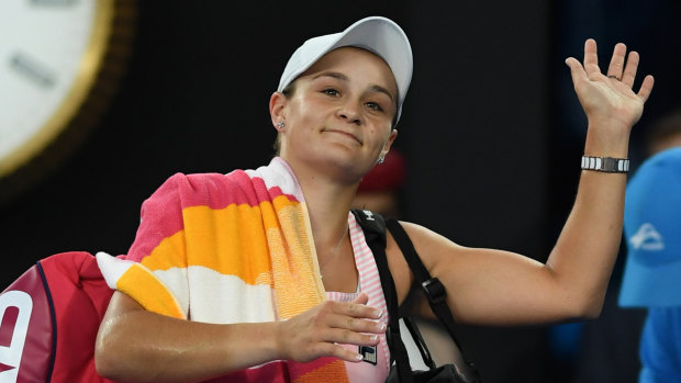 Ash Barty waves farewell to the local fans.