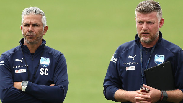Steve Corica and Ufuk Talay during their season coaching together at Sydney FC.