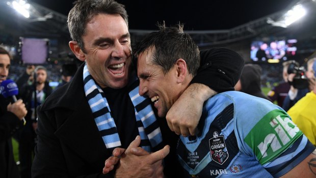 Fittler with Mitchell Pearce after guiding NSW to a second straight Origin series win this year.