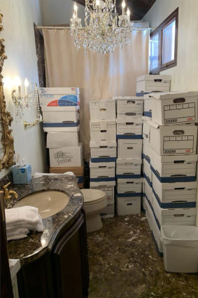 A photo provided by the Justice Department showing boxes of docu<em></em>ments stored in a bathroom at Trump’s Mar-a-Lago property.